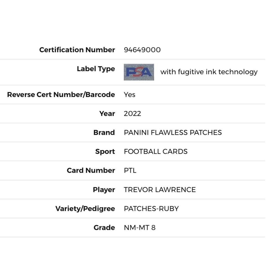 Trevor Lawrence PSA 8 2022 Panini Flawless Patches - Ruby Card #PTL
