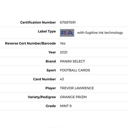 Trevor Lawrence PSA 9 MINT 2021 Select Orange Prizm Rookie RC #D 10/49 #43