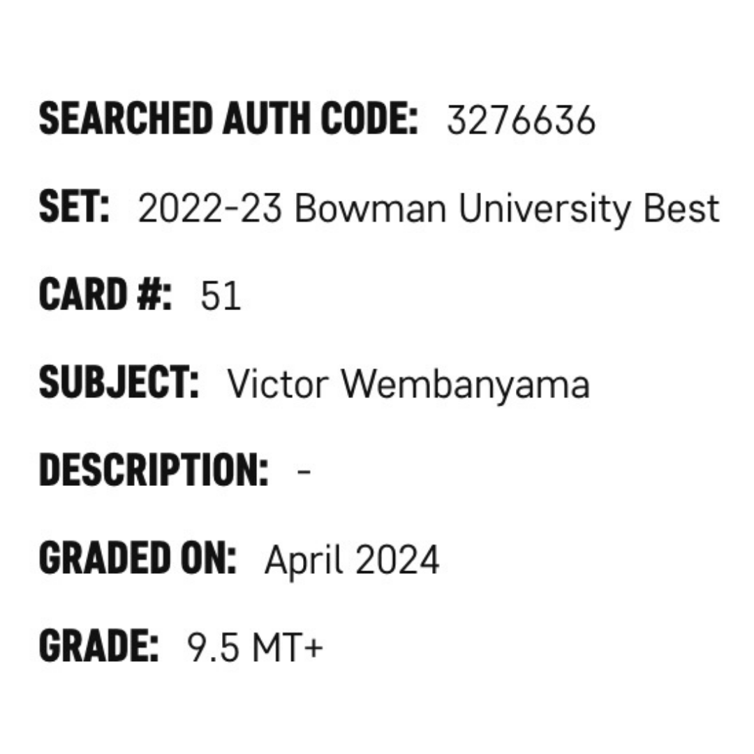 Victor Wembanyama SGC 9.5 2023-24 Bowman University Best Card #51