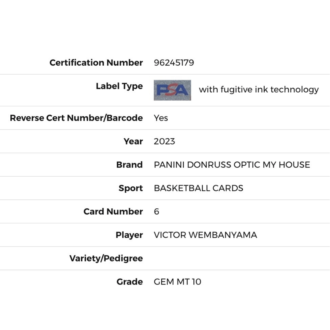 Victor Wembanyama PSA 10 2023 Donruss Optic My House Card #6
