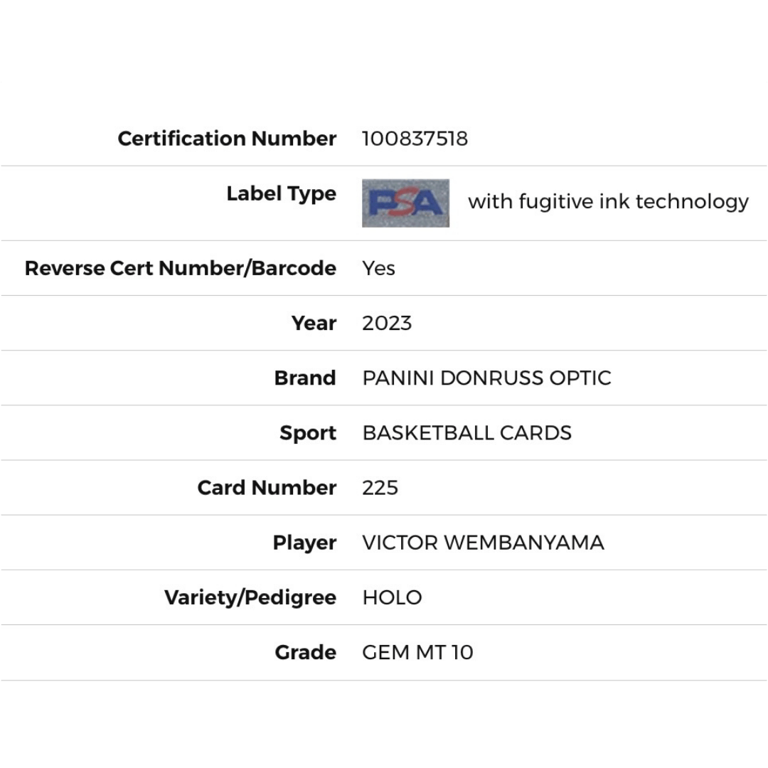 Victor Wembanyama PSA 10 2023 Panini Donruss Optic Holo Rated Rookie Card #225
