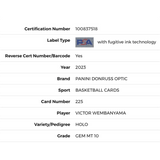 Victor Wembanyama PSA 10 2023 Panini Donruss Optic Holo Rated Rookie Card #225