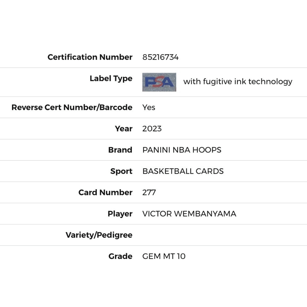 Victor Wembanyama PSA 10 2023 Panini Hoops Rookie RC Card #277