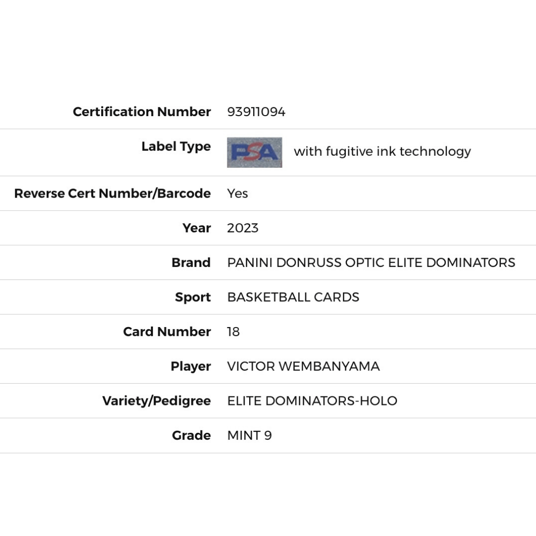 Victor Wembanyama PSA 9 2023 Panini Donruss Optic Elite Dominators-Holo Rookie RC Card #18