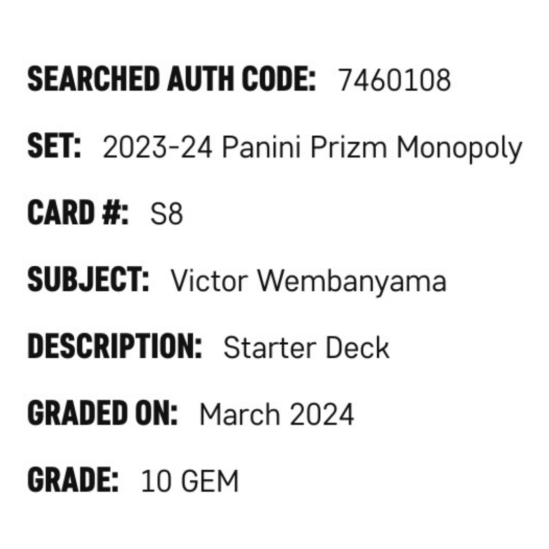 Victor Wembanyama SGC 10 2023-24 Panini Prizm Monopoly Starter Deck Card #S8