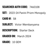 Victor Wembanyama SGC 10 2023-24 Panini Prizm Monopoly Starter Deck Card #S8