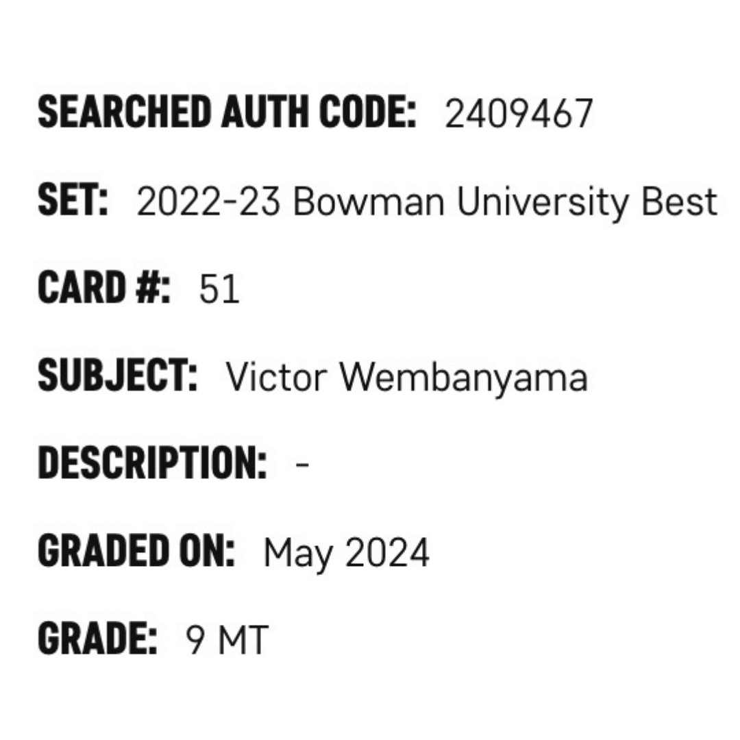 Victor Wembanyama SGC 9 2022-23 Bowman University Best Card #51