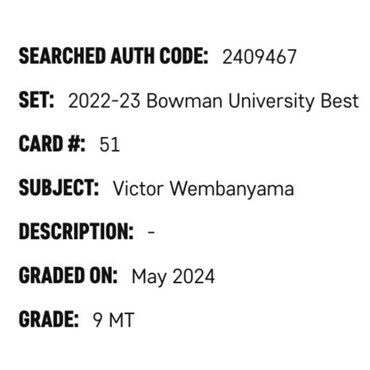 Victor Wembanyama SGC 9 2022-23 Bowman University Best Card #51