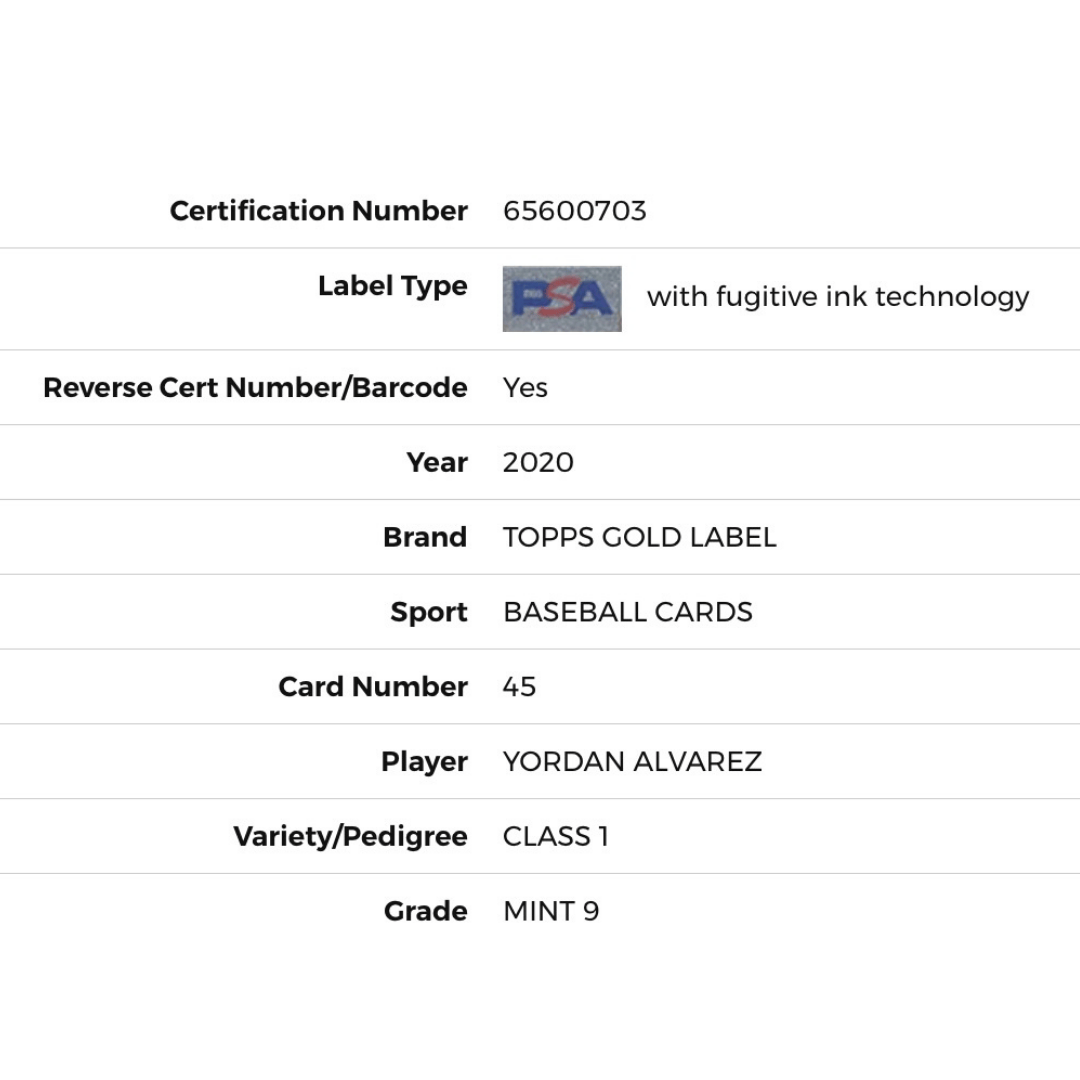 Yordan Alvarez PSA 9 2020 Topps Gold Label Class 1 Rookie RC Card #45