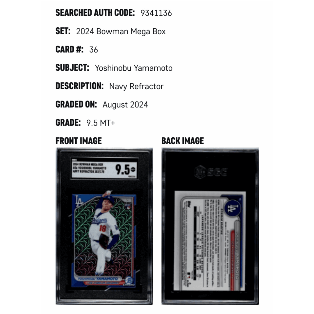 Yoshinobu Yamamoto SGC 9.5 2024 Bowman Chrome Mega Box Navy Mojo Refractor #D 103/175 Rookie RC Card #36