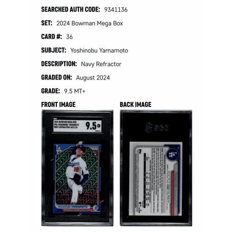 Yoshinobu Yamamoto SGC 9.5 2024 Bowman Chrome Mega Box Navy Mojo Refractor #D 103/175 Rookie RC Card #36